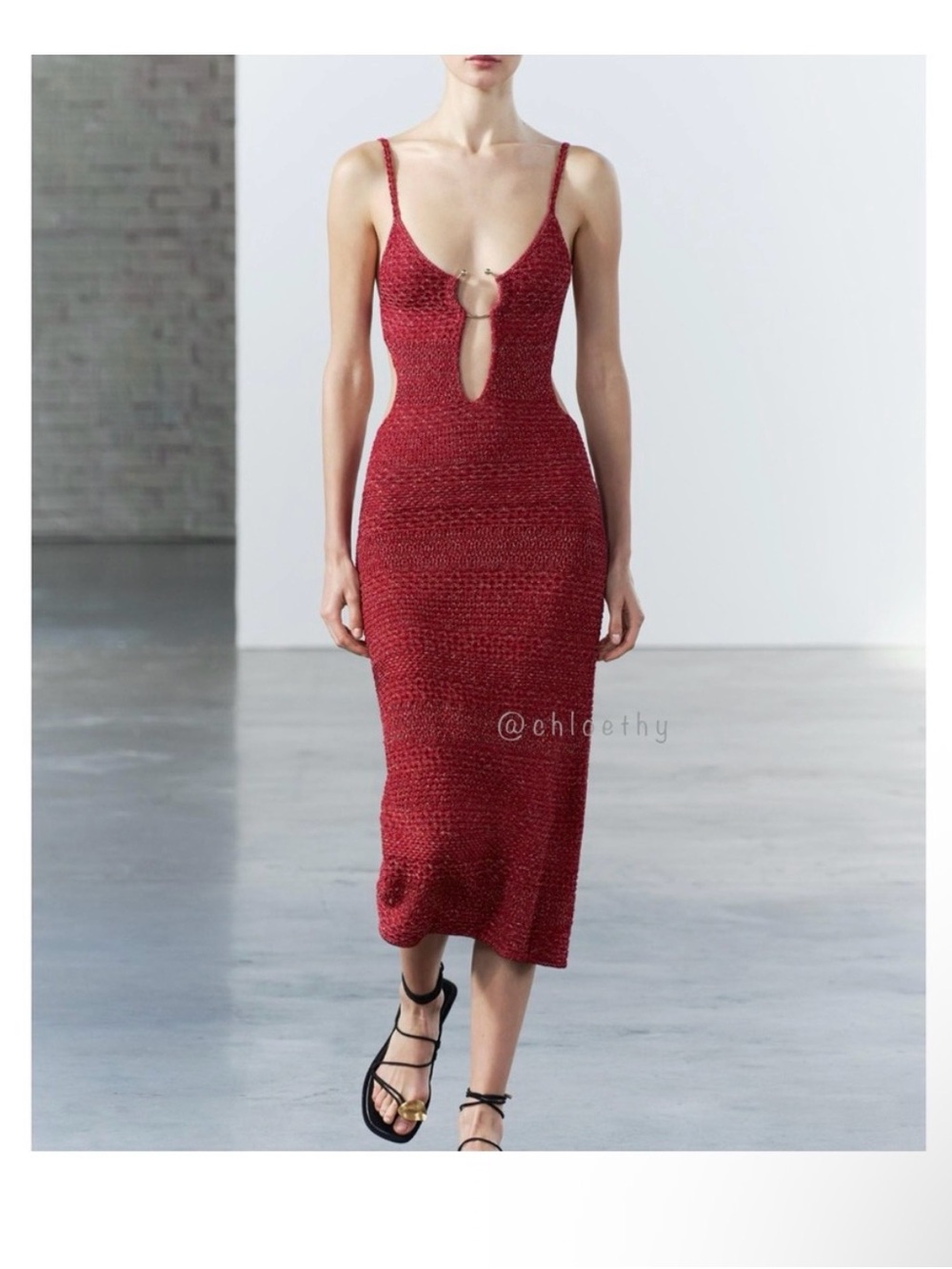 Zara Burgundy Knit Midi Dress with Front Ring